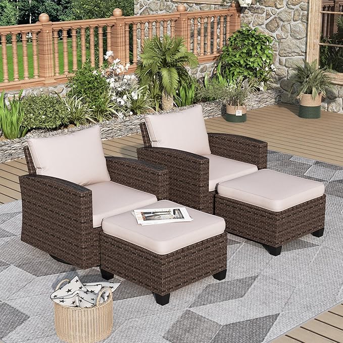 4 Pieces Swivel Wicker Patio Furniture Set, Rattan Outdoor Conversation Set with 2 Pieces Swivel Glider Chairs, 2 Pieces Ottomans, Beige