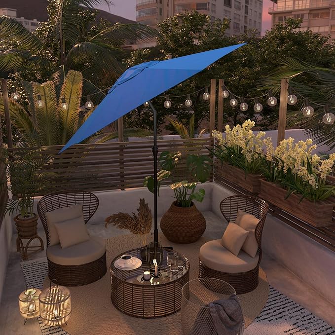 Sunline 9 ft Patio Umbrella with Crank & Push Button Tilt, Outdoor Market Umbrella with UV Protection & Wind Vent, Metal Frame for Deck, Pool & Table, Pacific Blue