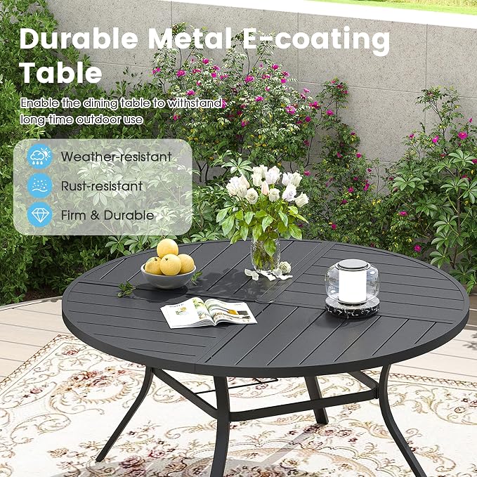 7 Pieces Patio Furniture Dining Set, 6 Textilene Swivel Dining Chairs, 53" Outdoor Round Metal Table with 1.57" Umbrella Hole, Outdoor Dining Set for Porch, Lawn, Garden, Black/Black