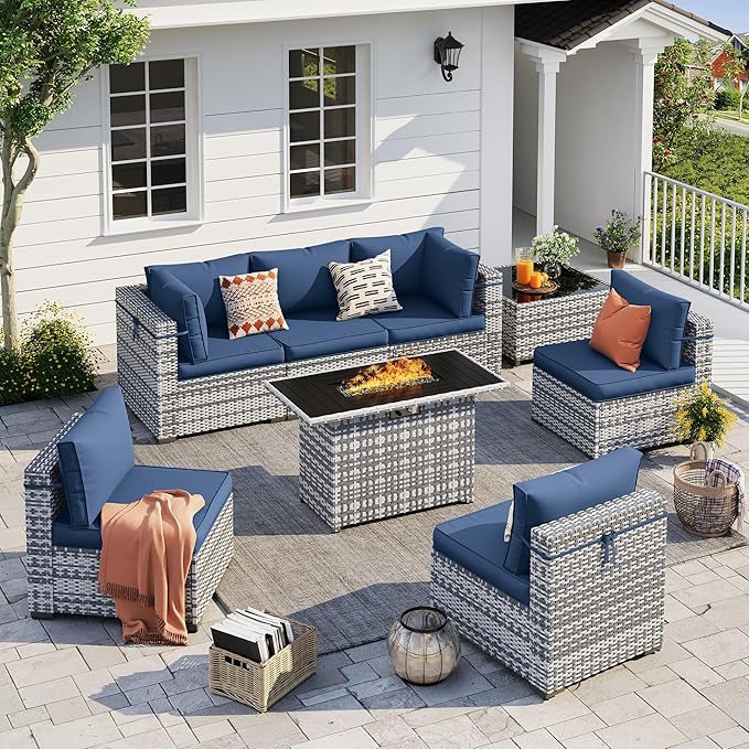 UDPATIO Patio Furniture Set with Fire Pit Table, 8 Pieces Outdoor Sectional Sofa, PE Wicker Patio Conversation Set for Garden, Backyard (Blue Cushions with Grey Rattan)