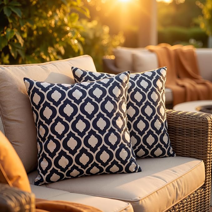 Outdoor Pillow Covers 2 Pack Patio Decorative Accent Throw Pillow Covers, Waterproof and Fade Resistant, Perfect for Summer Outdoors and Indoors, Moroccan 18x18in Blue and White