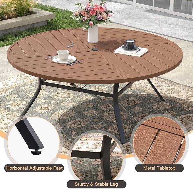 9 Pieces Patio Dining Set, 8 Outdoor Swivel Dining Chairs with 60.1" Round Metal Outdoor Dining Table with Umbrella Hole for Garden Backyard Deck, Mixed Brown & Walnut