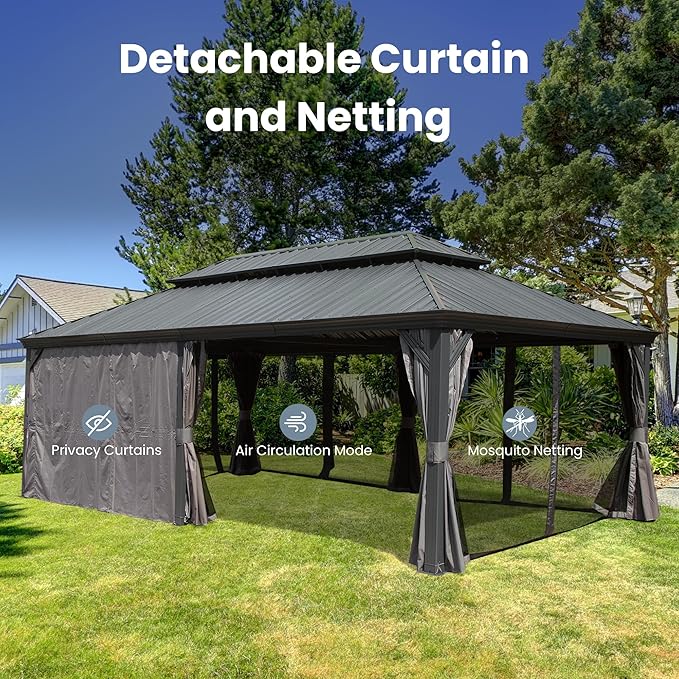 Domi 14' X 22' Hardtop Gazebo, Upgraded Metal Gazebo with Drainage System, Dual-Layer Galvanized Steel Roof, Curtain and Netting, Outdoor Shelter Canopy for Patio, Garden, and Backyard, Grey