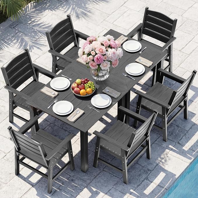 YEFU HIPS Patio Dining Set for 6 : Modern Outdoor Table and Chairs Easy Clean Outdoor Dining Set - 8-Piece Waterproof All-Weather Easy Assembly Furniture for Backyard Garden Deck（Grey）