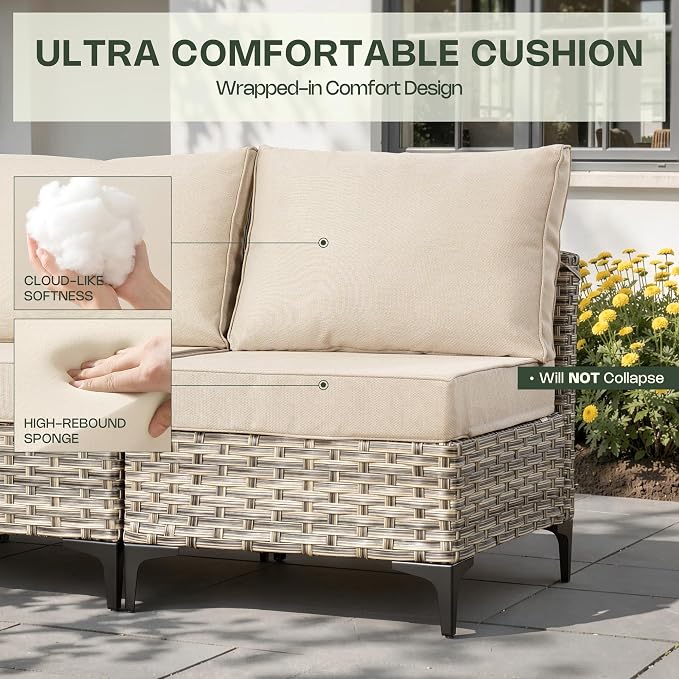 10 Pieces Patio Furniture Set, Outdoor Conversation Set with 360° Swivel Rocker Chairs, Wicker Modular Sectional Sofa & Solar Coffee Table, High Back Outdoor Furniture L Shaped Couch for Porch, Beige