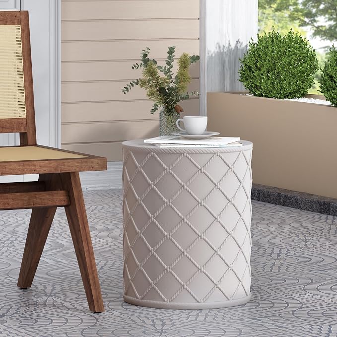 Outdoor Side Table 15.25" Cylindrical Shape Lightweight Concrete-Look Outdoor Indoor Accent Table Decorative Garden Stools, for Patio Porch Living Room, White