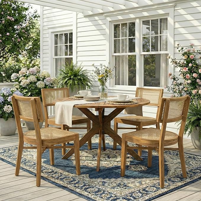 Christopher Knight Home Neeko Acacia Wood Patio Dining Set for 4, Solid Wood Outdoor Dining Table Set for 4, Round Dining Table and Chairs Set of 4, Teak+Light Brown