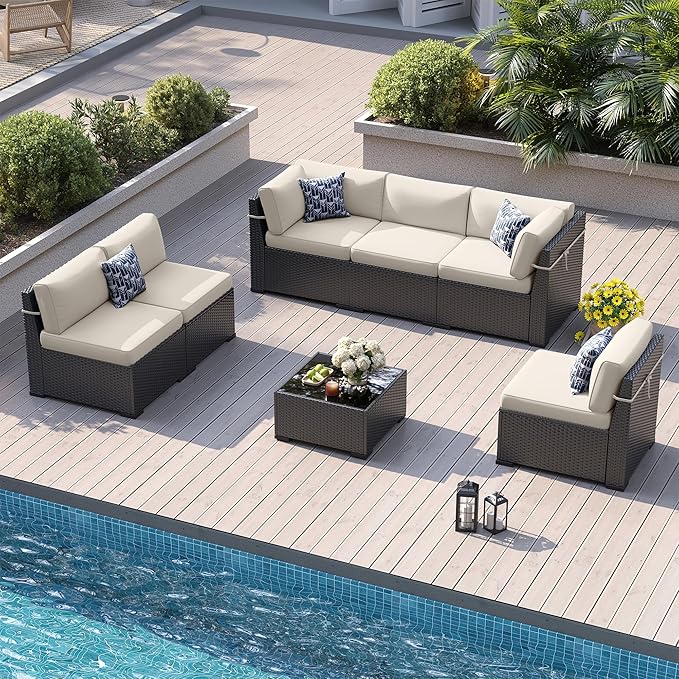 Patio Furniture Sets, 7-Piece Outdoor Patio Furniture with Thick Cushions,Coffee Table Outdoor All-Weather Conversation Set Sectional Sofa for Backyard, Poolside, Garden(Khaki)
