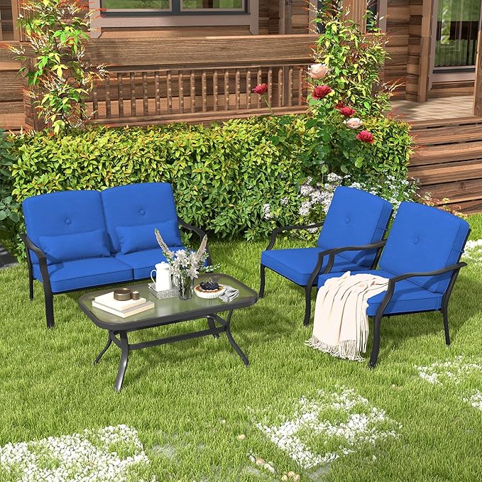 Tangkula 2 Piece Patio Furniture Set, Outdoor Loveseat Chair Set with Seat Back Cushions & Waist Pillows, Tempered Glass Coffee Table, Heavy-Duty Metal Sofa Set for Yard Garden Balcony Poolside