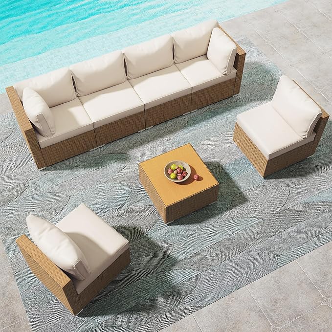 LAUSAINT HOME Outdoor Patio Furniture, 7 Piece Patio Furniture Set PE Rattan Sectional Conversation Sets with Thick Cushions & Wood-Like Coffee Table for Garden, Porch(Beige/Brown Wicker)