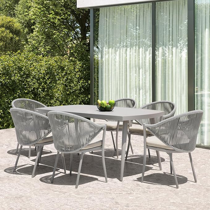 NUU GARDEN Outdoor Dining Table with 1.97" Umbrella Hole, All Weather Metal Outdoor Patio Table, 6-Person Aluminum Slat Rectangle Dining Table, Bistro Table for Garden, Backyard, Beige
