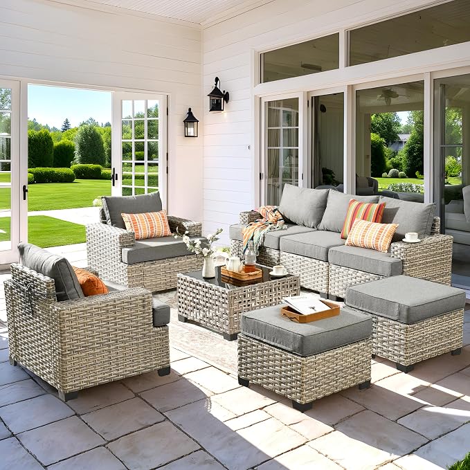 8 Pcs Outdoor Sectional Patio Furniture Set with Ottomans - All Weather Wicker Modular Outside Sectional Couch,Patio Seating Outdoor Conversation Sets for Deck Yard Garden,Dark Grey