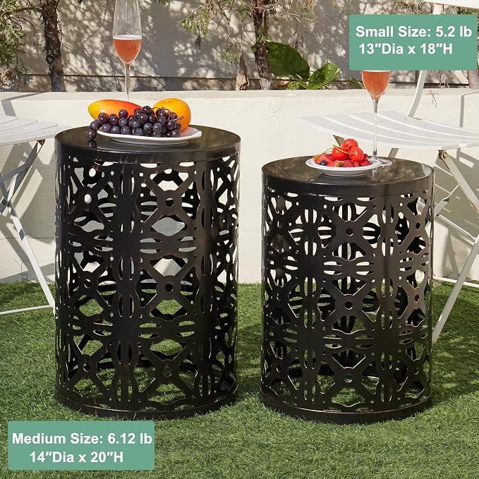 Y&M Set of 3 Patio Side Table for Living Room,Indoor End Tables for Bedroom, Outdoor Garden Stool with Heavy Duty Metal Frame Modern Industrial Decor - Black with Bronze