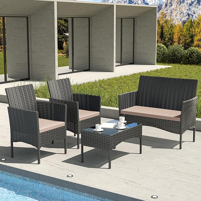 4 Pieces Outdoor Patio Furniture Sets,Wicker Conversation Set with Coffee Table,Loveseat and Wicker Patio Chairs with Soft Cushion for Porch, Garden, Lawn(Sand)