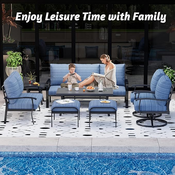 HOMREST Outdoor Furniture Thickened Cushion 360 Degree Swivel Rocking Patio Chairs with Ottomans and 3-Seat Sofa, Loveseat, Coffee Side Table, 8 PCS Metal Conversation Set for Garden, Deck, Poolside