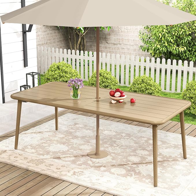 HAPPATIO Outdoor Dining Table for 8, Large Rectangular Aluminum Frame Patio Dining Table, Wood-Like Tabletop with 2" Umbrella Hole for Deck, Backyard, Lawn, Garden