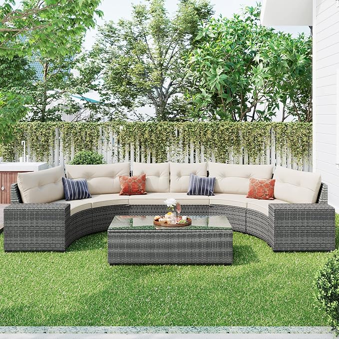 8-Pieces Half Moon Patio Furniture Set, Curved Sofa Set with Rectangular Coffee Table PE Rattan Wicker Patio Conversation Set with Movable Cushion and Pillows for Porch Deck Garden, Beige
