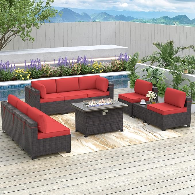 Patio Furniture Sectional Sofa 10PCS PE Rattan Patio Conversation Set w/43in Gas Fire Pit Table, Patio Outdoor Furniture with 4 Inch Thickened Cushions and Glass Coffee Tables, Red