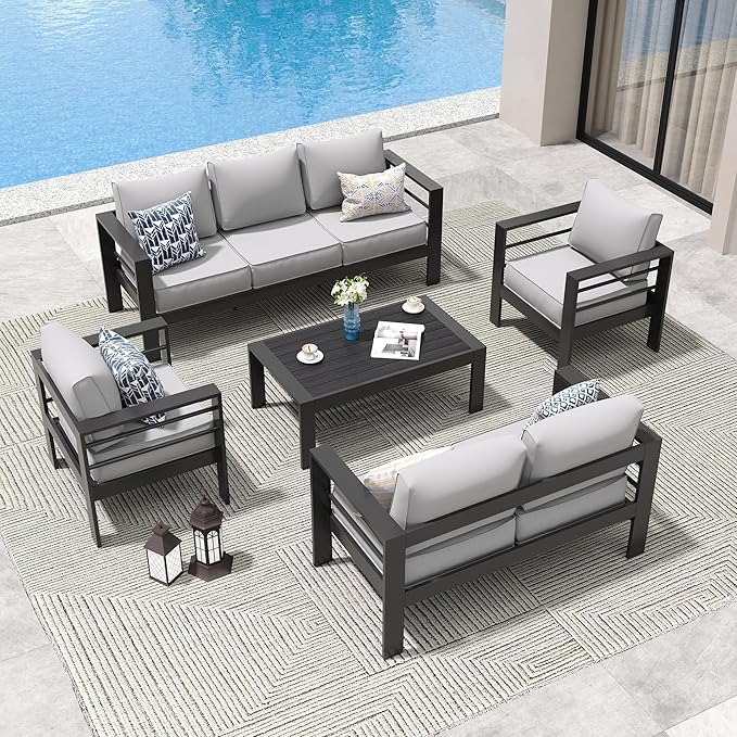 Amopatio Aluminum Patio Furniture Set, 8 Pieces Modern Patio Conversation Sets, Outdoor Sectional Metal Sofa with Coffee Table for Balcony, Garden (Included Waterproof Covers)