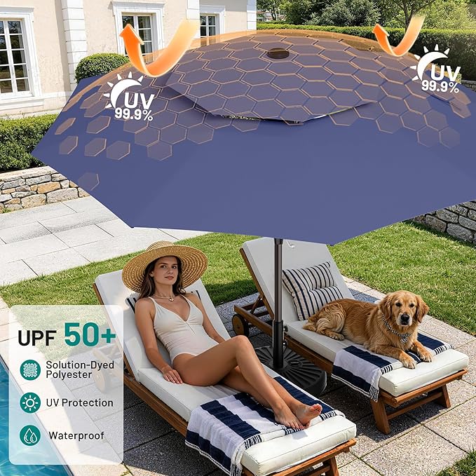 AreShark 11ft 2 Tiers Patio Umbrella - Outdoor Umbrella Waterproof UV Protection, Market Table Umbrella w/ 8 Sturdy Ribs&Crank for Pool, Porch, Garden(Navy)