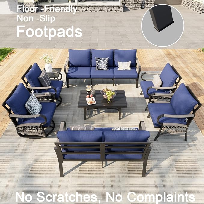 8 Pieces Patio Furniture Set, Metal Outdoor Conversation Sets with Swivel Chairs, Modern Couch Sofa Seating Group with Coffee Table and Side Table (Thick Blue Cushions)