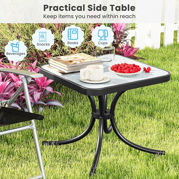 Tangkula Outdoor Bistro Table, 20 Inches Patio Side Table with Tempered Glass Tabletop & Steel Frame, Patio Coffee End Table for Backyard, Lawn, Garden (Black)
