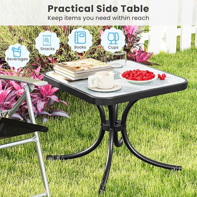 Tangkula Outdoor Side Table, 20 Inches Square End Table with Tempered Glass Top, Metal Frame, Small Patio Table for Garden, Backyard, Balcony, Poolside, Porch (2)