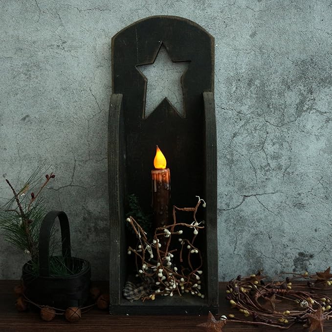CVHOMEDECO. Real Wax Hand Dipped Battery Operated LED Timer Taper Candles Country Primitive Flameless Lights Décor, 6-3/4 Inch, Brown, 3 PCS in a Package