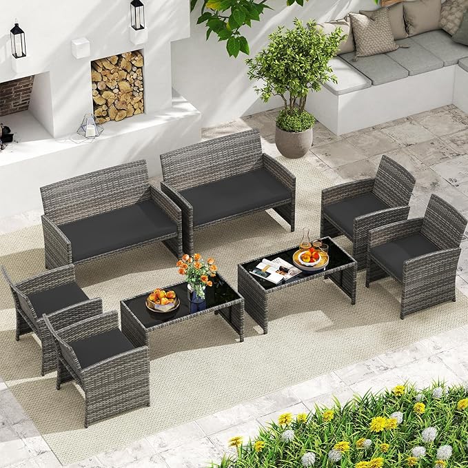 HAPPYGRILL 8 Piece Rattan Wicker Patio Conversation Set, Outdoor Furniture with Chair Loveseat Table & Cushion, for Backyard Porch Balcony (2, Black)