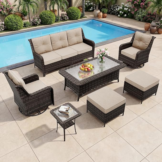 Outdoor Patio Furniture Set,7 Pieces 7 Seats Outdoor Sectional Furniture All Weather Thick PE Rattan Wicker Patio Conversation Set with Ottoman & Coffee Table,Swivel Rocking Chairs Set,Sand