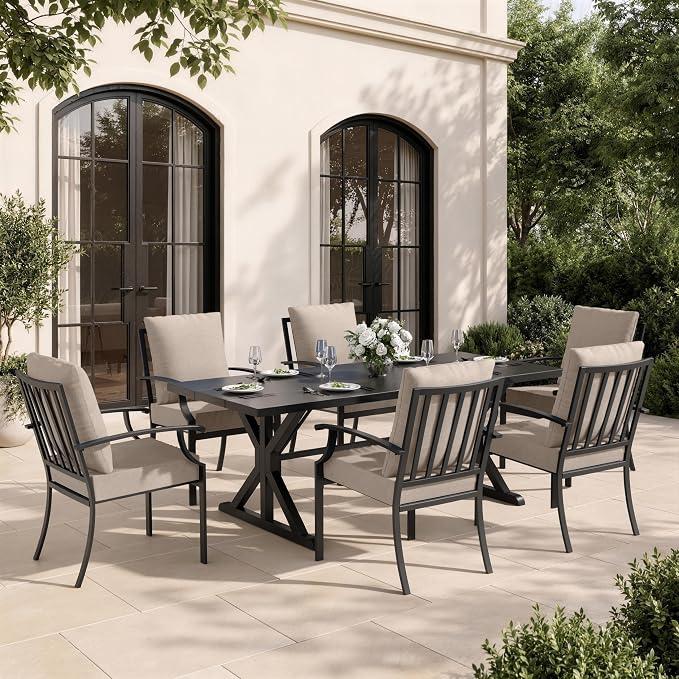 7 Piece Outdoor Dining Set for 6, Metal Patio Table and Chairs with Cushions, Patio Furniture Set with 6 Stackable Chairs, Rectangular Metal Dining Table with Umbrella Hole, Lawn Deck Yard-Sand