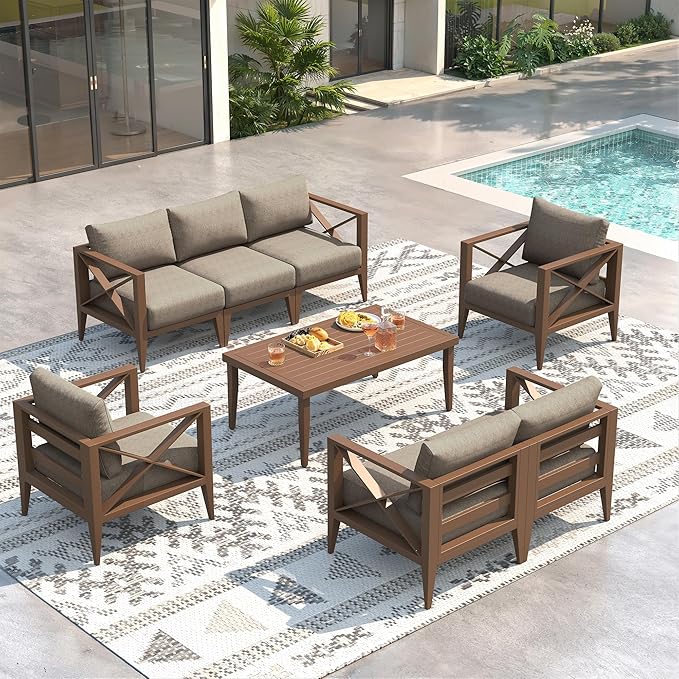 7-Seats Aluminum Outdoor Patio Furniture Set, Sectional Conversation Sofa Set with 5.2" Thick Cushions & Coffee Table,Rust-Resistant Frame Seating Sofa for Porch, Garden, Backyard, Brown