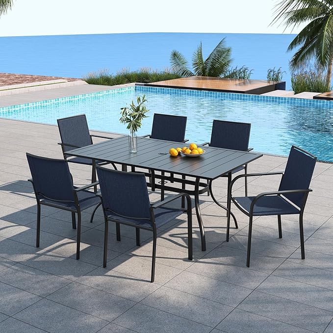 Anmutig 7-Piece Outdoor Patio Dining Set, 6 Stackable Patio Outoor Chairs & Rectangular Dining Table with All Weather Frame Furniture Set - Navy 63" x 38"