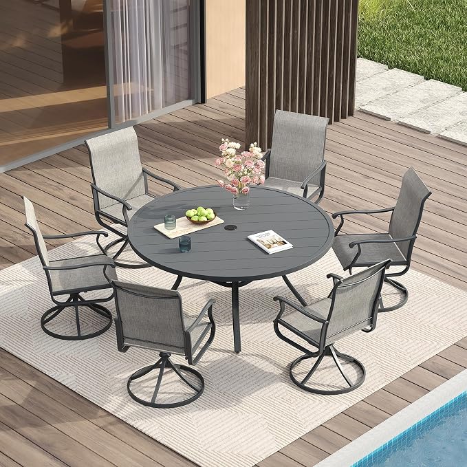 VICLLAX 47.2" Outdoor Round Patio Table for Lawn Garden, All Weather Metal Round Outdoor Dining Table with Adjustable Umbrella Hole, 6 Person Patio Table, Grey