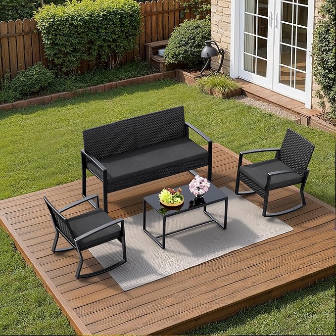 Ahomly 4 Piece Patio Furniture Set, Outdoor Wicker Patio Furniture with Glass Coffee Table, Modern Rattan Rocking Chairs Conversation Set, for Porch, Garden, Lawn (Black)