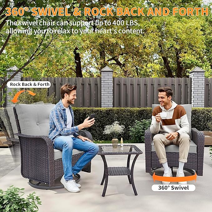 Gotland 9 Pieces Patio Furniture Set with 2 Swivel Chairs, 7-Seater Patio Furniture in 4 Combinations with Wide Armrests 29.5'' High Backrest, Wicker Outdoor Sectional for Deck Garden Pool Gray