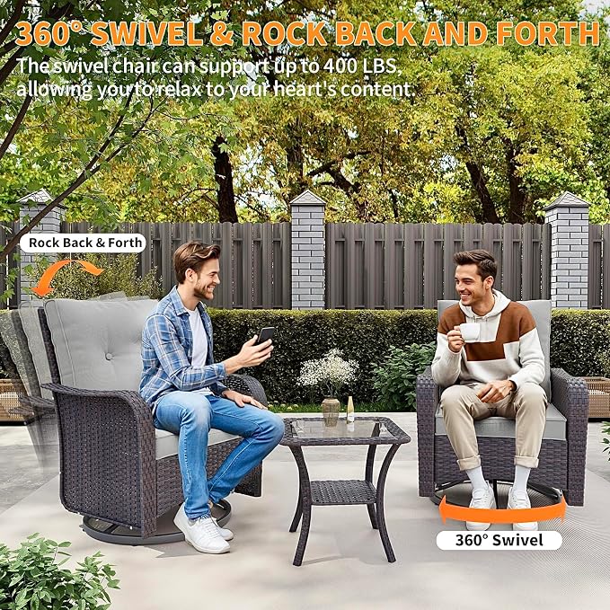 Gotland 10 Pieces Patio Furniture Set with 2 Swivel Rocking Chairs 1 Fire Pit Table, Patio Furniture in 4 Combinations with 1 Coffee Table Wide Armrests 29.5'' High Backrest, for Deck Garden Pool Gray