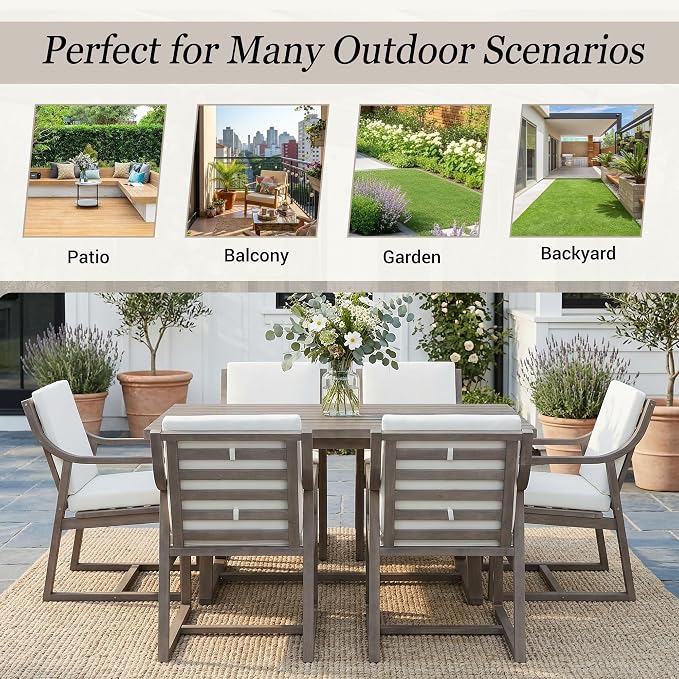 Merax 7-Piece Patio Dining Set, Acacia Wood Rectangular Dining Table and Chairs Set with Cushions, Outdoor Furniture Set for Backyard, Garden, Poolside,Brown
