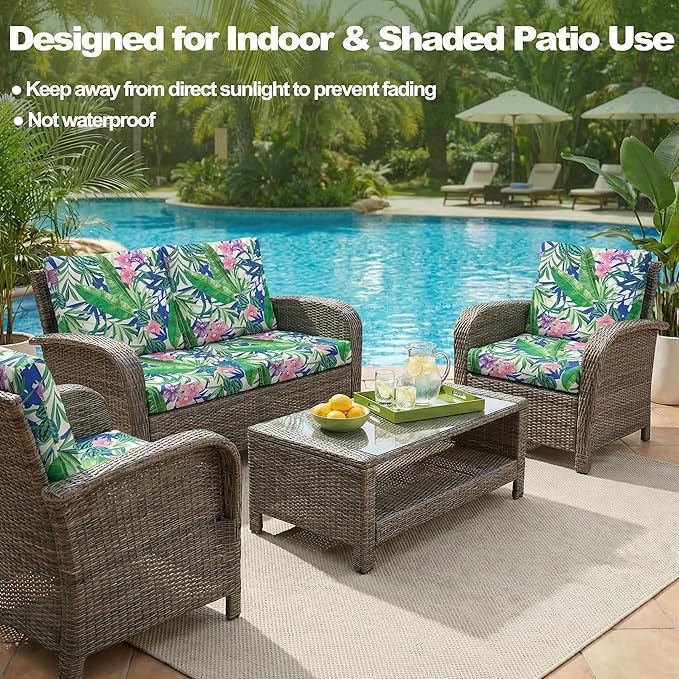 CALBODE 8 Pcs Outdoor Seat Cushion Covers, Stretch Chair Seat Cover for Patio Furniture Cushions Washable Reusable Indoor and Outdoor Couch Cover Replacement (Tropical Plant, Cover Only)