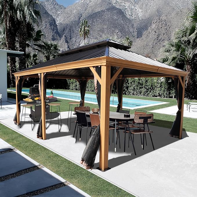 Kozyard Apollo 12’x18’ Hardtop Gazebo, Wooden Coated Aluminum Frame Canopy with Galvanized Steel Double Roof, Outdoor Permanent Metal Pavilion with Netting for Patio, Lawn
