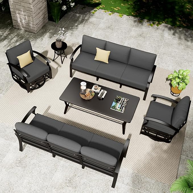 Aluminum Patio Furniture Set with Coffee Table,8 Seats Metal Modern Outdoor Furniture w/5.1" Thick Cushions,Patio Sectional w/Swivel Chairs for Patio,Backyard,Grey
