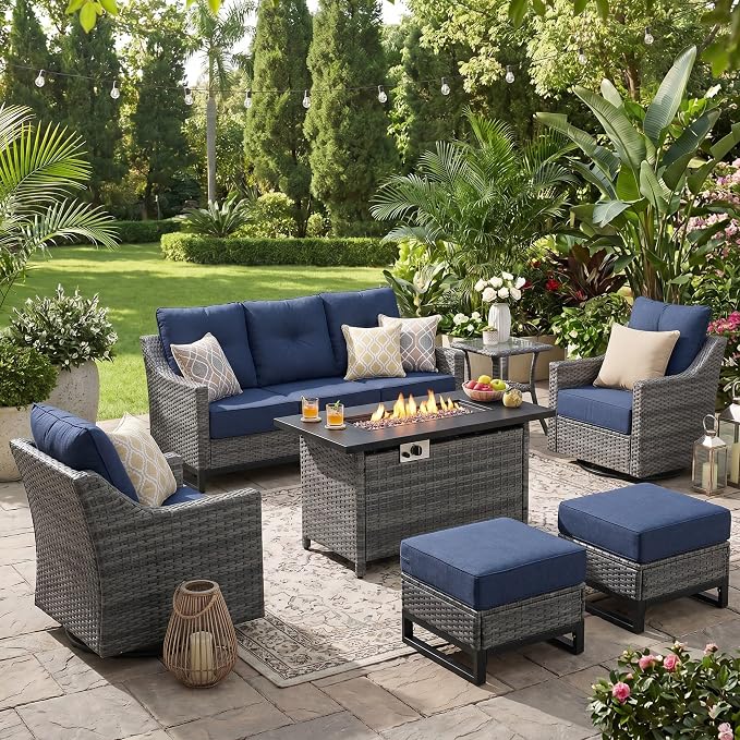 Luxury Outdoor Patio Furniture Set with 6-Inch Thick Cushions, High Back Wicker Swivel Rocker Chairs, 7 Pcs All Weather Conversation Set for Deck,Yard and Poolside