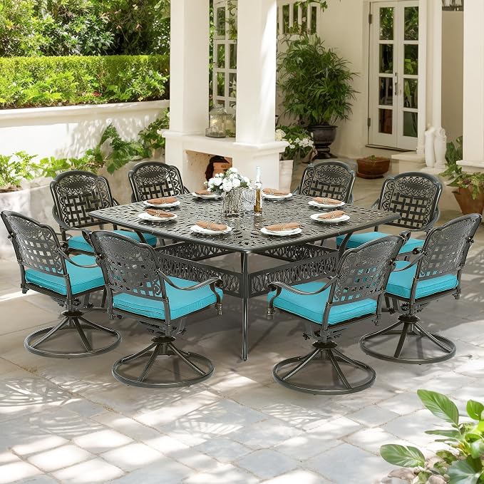 SOCIALCOMF 9-Piece Patio Cast Aluminum Dining Set, Outdoor Table and Chairs Set for 8, Includes 64" Large Square Dining Table and 8 Swivel Rocker Chairs with Umbrella Hole for Lawn Garden, Ocean Blue