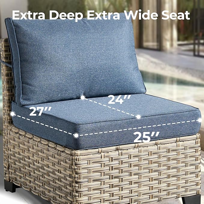 HOOOWOOO Outdoor Sectional Patio Furniture Set with Fire Pit Table,15 Pieces Wicker Conversation Sets L Shaped Couch,Extra Deep Out Door Sofa Outside Furniture with Swivel Chairs Ottoman,Denim Blue