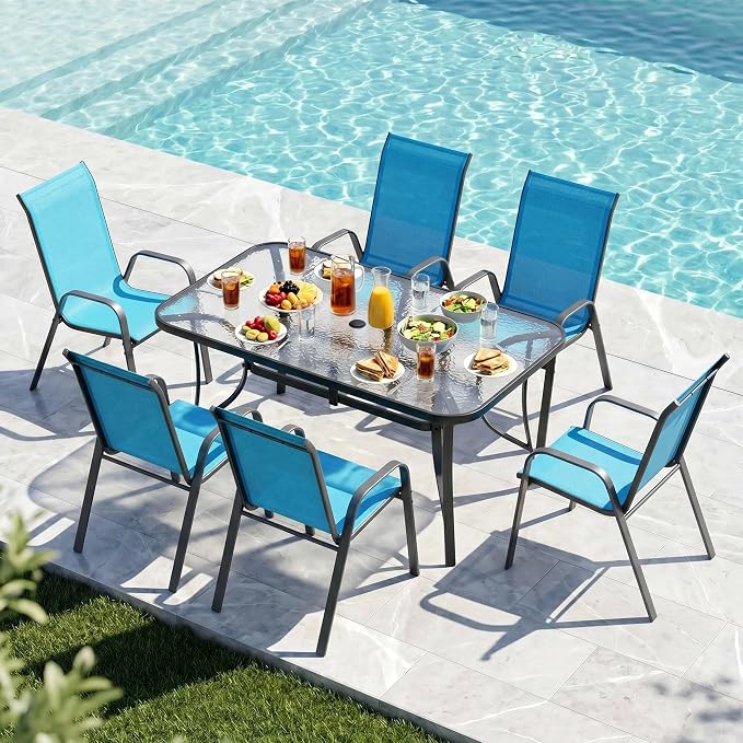 MAMIZO 7 Pieces Patio Dining Set for 6, Outdoor Table and Chairs w/Rectangle Glass Table and 6 Textilene Stackable Chairs, Patio Furniture Set w/1.69" Umbrella Hole (Black Table & Sky Blue Chair)