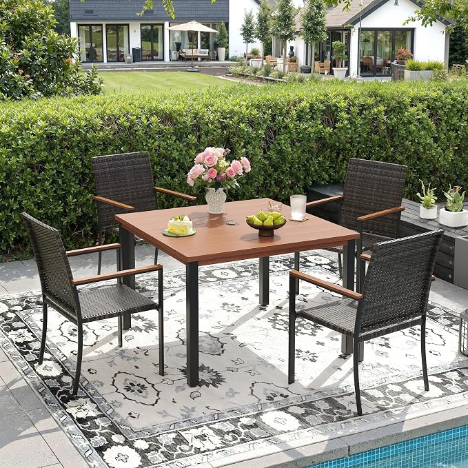 DIFY 5 Piece Patio Dining Set for 4, Wicker Stackable Patio Chairs & 40.2" Square Walnut Metal Dining Table with Umbrella Hole, All Weather Outdoor Table and Chairs Set for Deck Garden Backyard