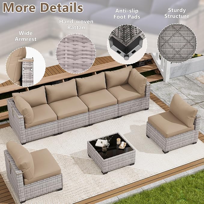 LOUVIXA 7 Piece Outdoor Patio Furniture Set, Outdoor Sectional Sofa, Wicker Rattan Patio Furniture, Patio Conversation Set with Coffee Table & Cushions