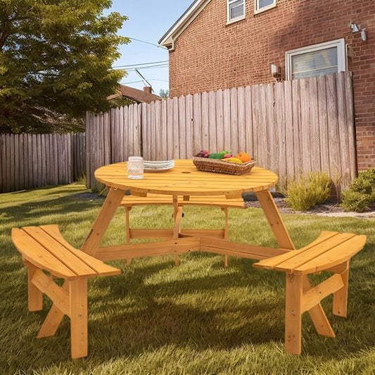 anwickjeff 6-Person Picnic Table and Chairs Set, Outdoor Round Wooden Patio Tables with DIY w/3 Built-in Benches & Umbrella Hole, 1720lbLBS Total Capacity for Patios, Backyard (Natural, 6-Person)
