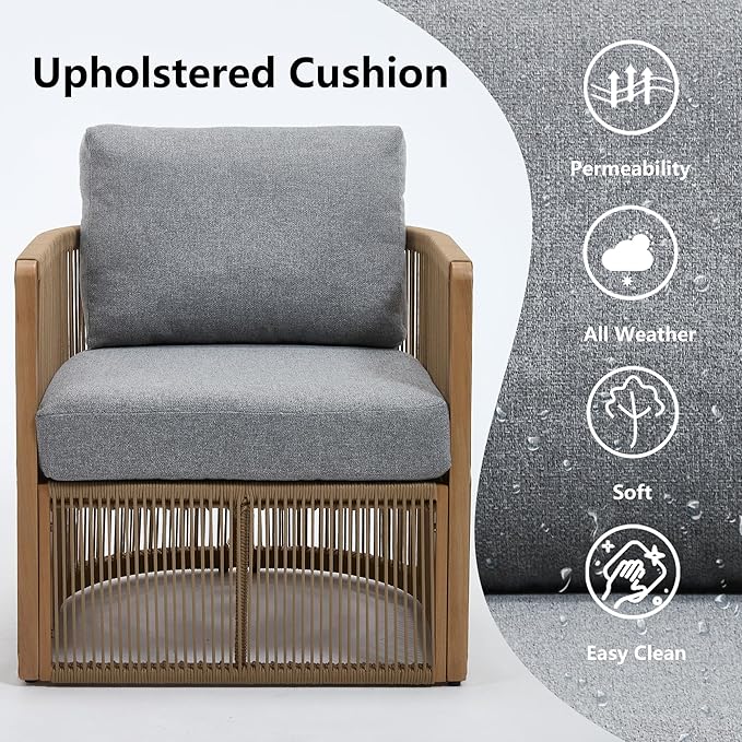 2 Piece Patio Furniture Set, Olefin Rope Patio Conversation Set, Aluminum Patio Sofa Set, 2 Seat Loveseat Couch with Coffee Table, All Weather Outdoor Sectional Furniture for Indoor/Yard, Grey