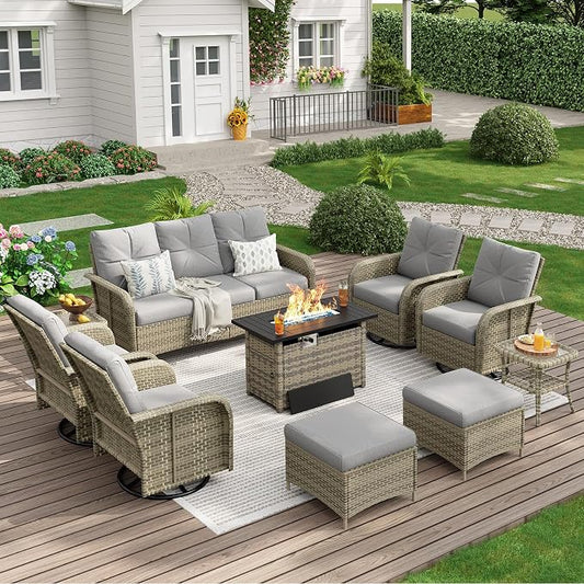 LazySunsets Luxury 12-Piece Patio Furniture Set with 44'' Fire Pit Table, 360° Swivel Chairs, Wicker Rattan Sofa & Thick Cushions, Outdoor Conversation Set for Backyard, Poolside & Garden, Beige/Gray